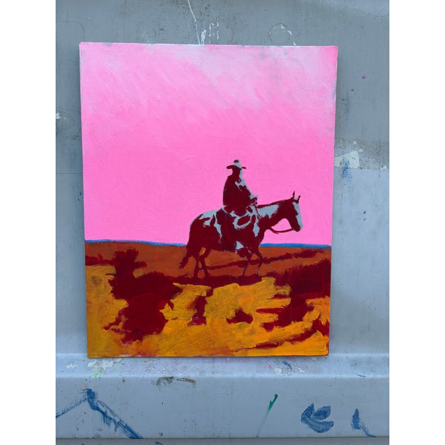 Figurative Pink Sunset Cowboy Rides Original Painting by Joseph Christy For Sale - Image 3 of 9
