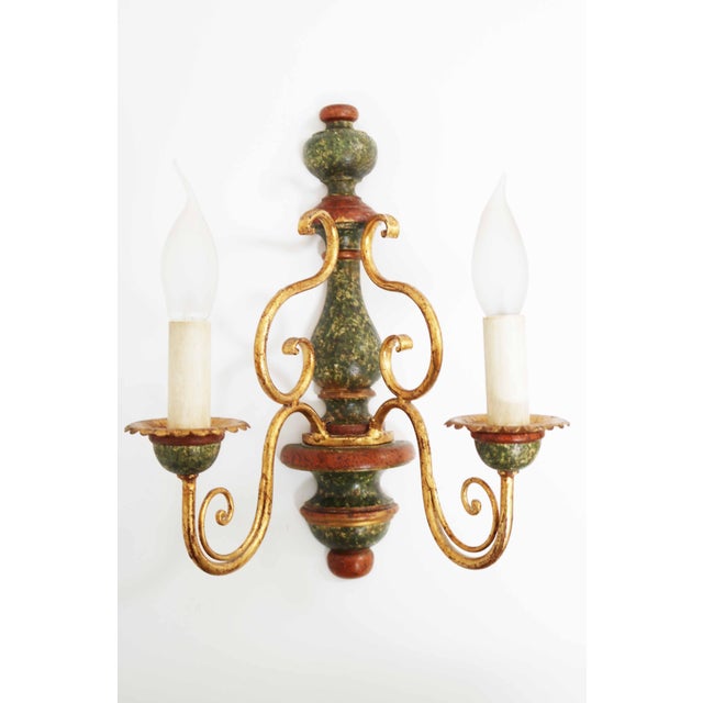 Wood Florentine Hollywood Regency 2-Light Wall Lamp, Italy, 1970s For Sale - Image 7 of 7