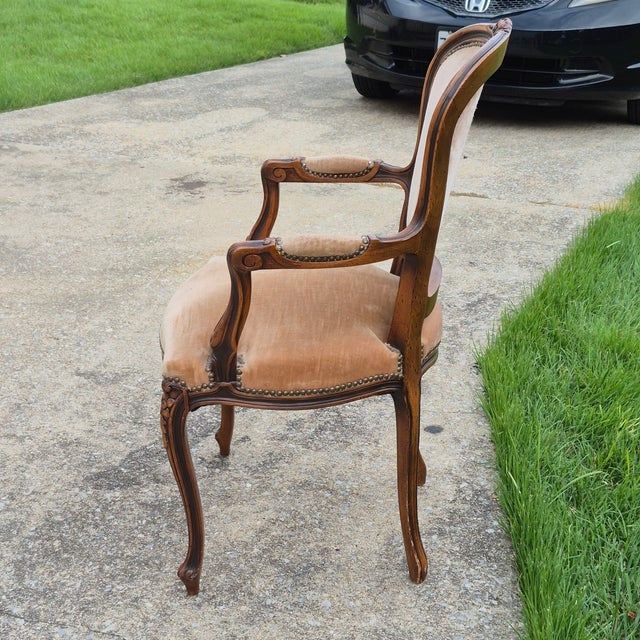 Wood 1980s Chateau d'Ax Louis XV Carved Walnut & Cocoa Velvet Open Arm Fauteuil Accent Chair For Sale - Image 7 of 8