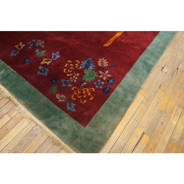 1920s Red Floral Modern Antique Chinese Art Deco Rug 9'0" X 11'8" Handknotted Wool Carpet For Sale - Image 4 of 4