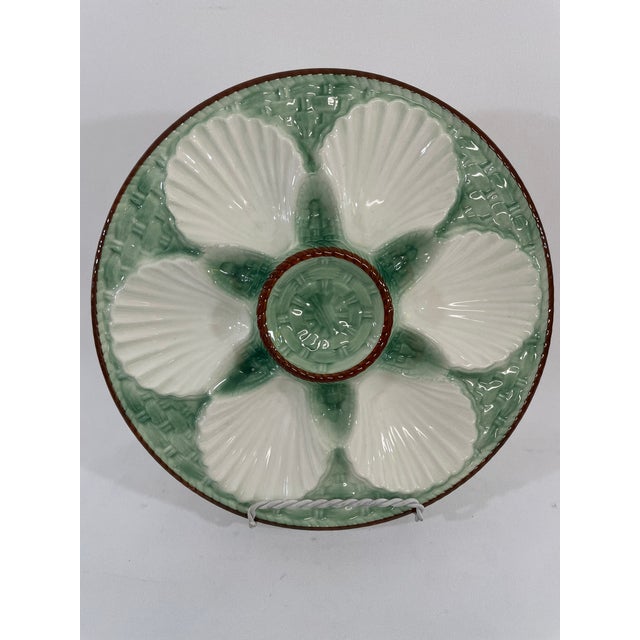 1930s French Longchamp Green and White Majolica Oyster Plate For Sale - Image 12 of 16