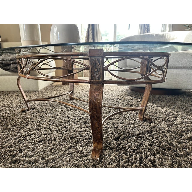 Vintage Hollywood Regency Gilt Metal Oval Glass Coffee Table For Sale In New York - Image 6 of 6