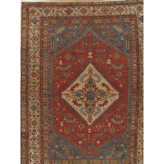 Antique Persian Serapi Carpet, Handmade Wool Oriental Rug, Rust, Ivory, Lt Blue For Sale - Image 4 of 16