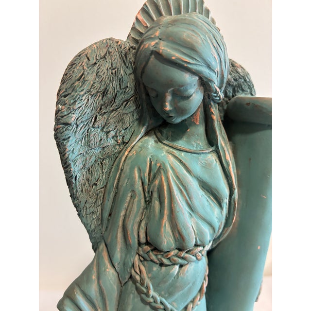 Late 20th Century Vintage Terracotta Angel Candle Holder Sculpture With Verdigris Patina For Sale - Image 5 of 15