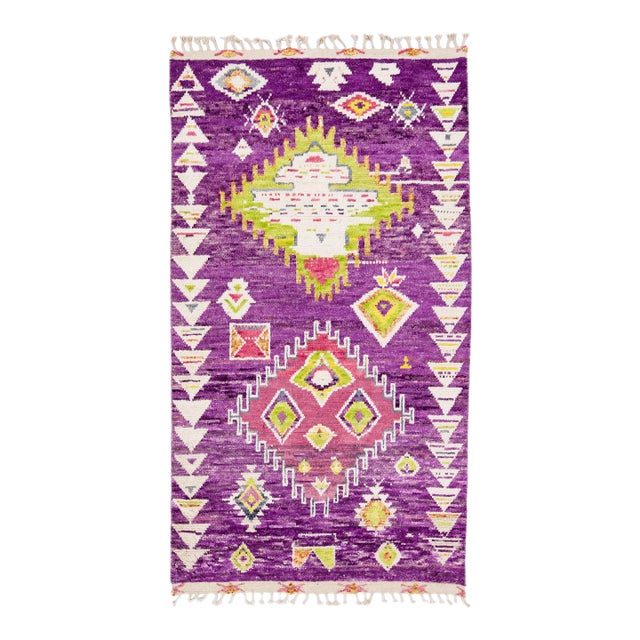 Handmade Moroccan Wool Rug in Purple With Tribal Design For Sale