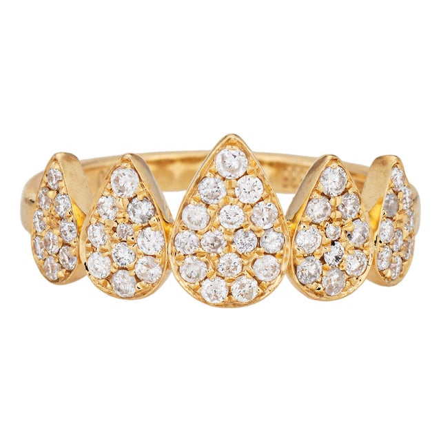 Diamond Teardrop Ring 14k Yellow Gold Pavé Statement Band Stacking Jewelry, Size 6.75 For Sale