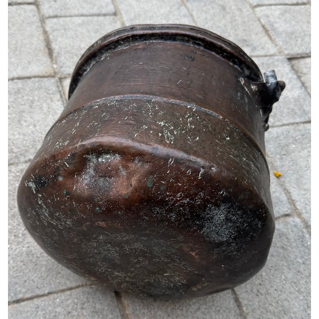 Antique Primitive Sculptural Hand Forged Copper Pot Cauldron With Forged Iron Handle For Sale - Image 4 of 7