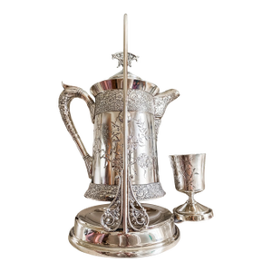 Rare Monumental Victorian c.b. Barker Quadruple Plate Water Set With Original Stand & Matching Goblet
