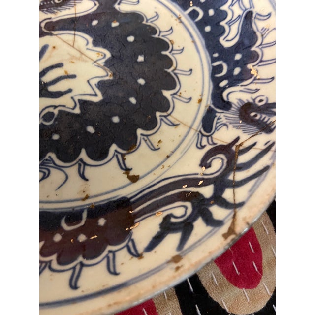 Early 18th Century Antique Chinese Blue & White Dragon Porcelain Plate, With Staples For Sale - Image 5 of 13