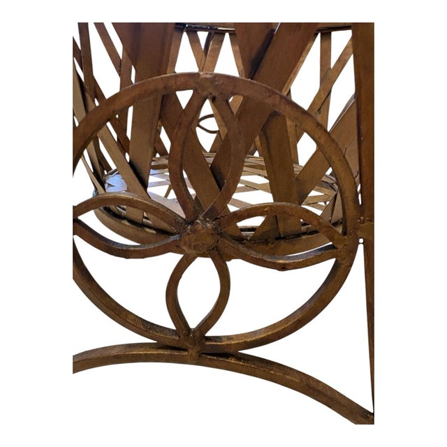 Bronze Vintage Metal Basket Weave Garden Planter Stand With Scrollwork and Aged Patina For Sale - Image 8 of 8