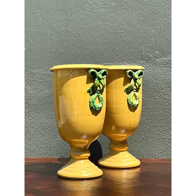 Ceramic Vintage Italian Pedestal Ceramic Vases With Bow Detail For Sale - Image 7 of 12