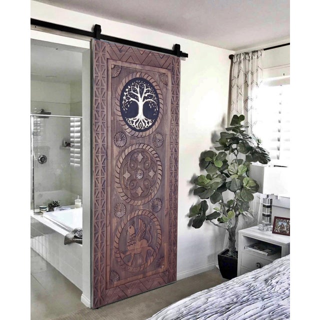 Contemporary Hand-Carved Solid Wood Barn Door With Tree of Life & Mythological Griffin Motifs – Artisan Entry Door For Sale - Image 3 of 8