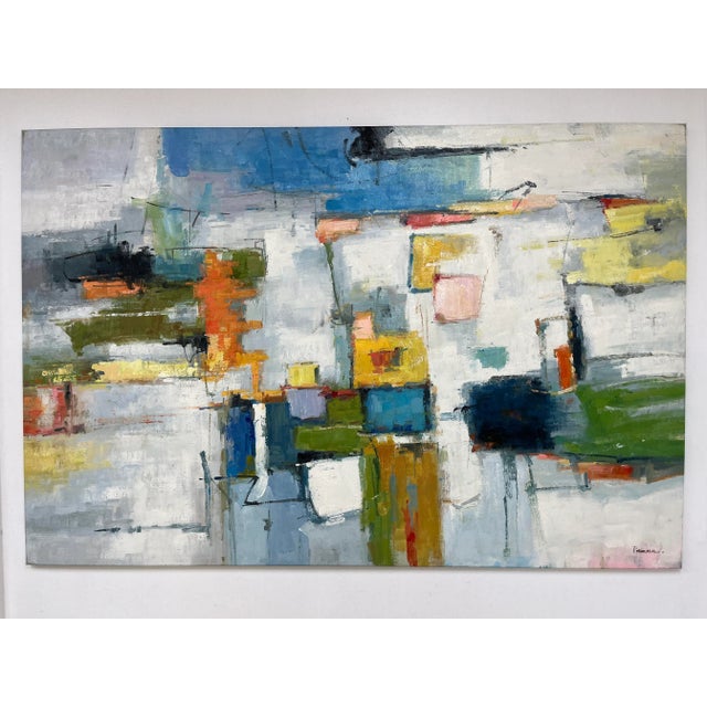 A vibrant and textured original oil painting on canvas featuring layered blocks of color intersected by expressive lines...