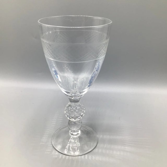 Beautiful set of 6 cut ball stem crystal water/wine glasses with wheel cut crosshatch band around bowl.