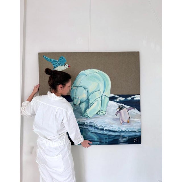 Sofía Cristina Jiménez, Polar Bear and Puffin as Inflatable Figures on Arctic Ice, 2023, Acrylic on Canvas For Sale - Image 10 of 11