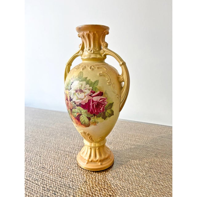 Beautiful antique English ceramic vase with an elegant Art Nouveau silhouette, double side handles, raised molded...