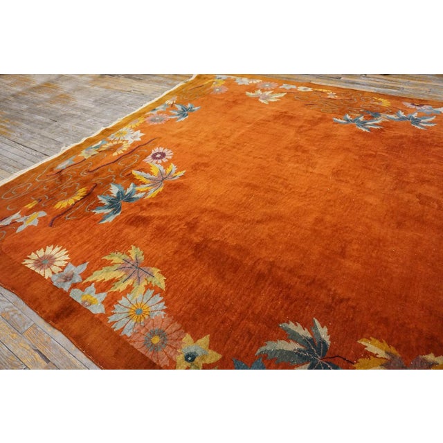 Striking Multi Color Daisies in a Floral Design With Orange-Terra-Cotta Ground Color Antique Chinese Art Deco Rug For Sale - Image 9 of 12