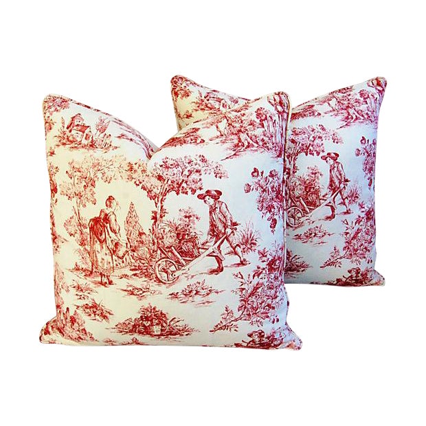 French Country Red White Toile Feather Down Pillows 24 Square
