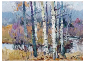 Edgars Vinters, Birches in Autumn, 1986, Oil on Cardboard