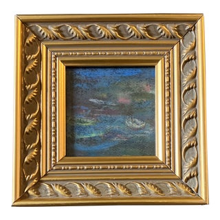 1980’s Vintage Small Abstract Impressionist Small Water Lillie Pastel Drawing Chunky Gold Frame For Sale
