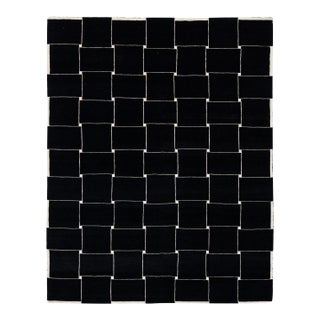 Contemporary Graphic Basketweave Black and Cream Wool Rug Modernist Grid 8x10 For Sale