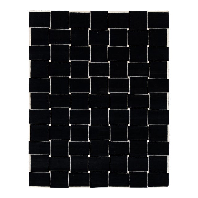 Contemporary Graphic Basketweave Black and Cream Wool Rug Modernist Grid 8x10 For Sale