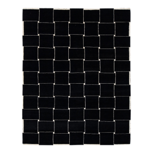 Contemporary Graphic Basketweave Black and Cream Wool Rug Modernist Grid 8x10