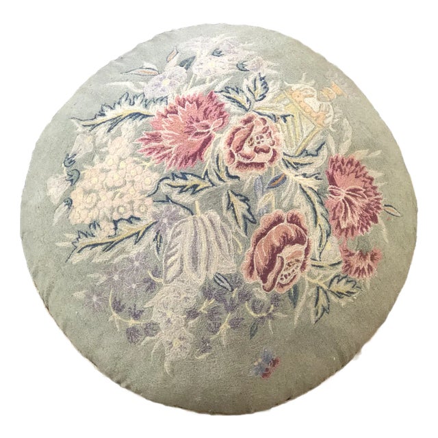 VTG Victorian Floral Pale Green Pouf / Rolling Footstool / Kneestool Fireplace Cushion 27" Round For Sale