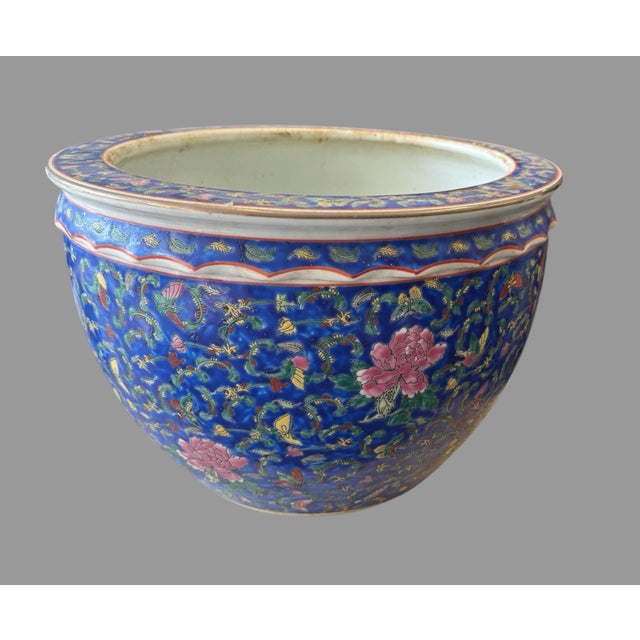 Chinese Vintage 12" Chinese Famille Noire Fish Bowl Planter Jardiniere Floral Porcelain For Sale - Image 3 of 6