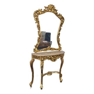 Grand French Rococo Gold Leaf Console Table With Ornate Mirror & Light Marble Top – Luxury Entryway Set For Sale