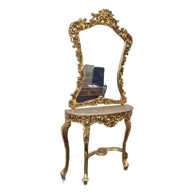 Grand French Rococo Gold Leaf Console Table With Ornate Mirror & Light Marble Top – Luxury Entryway Set For Sale