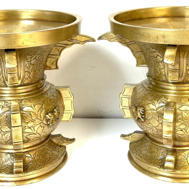 Pair of Monumental Meiji Period Gilt Metal Censors/ Vases For Sale - Image 13 of 18