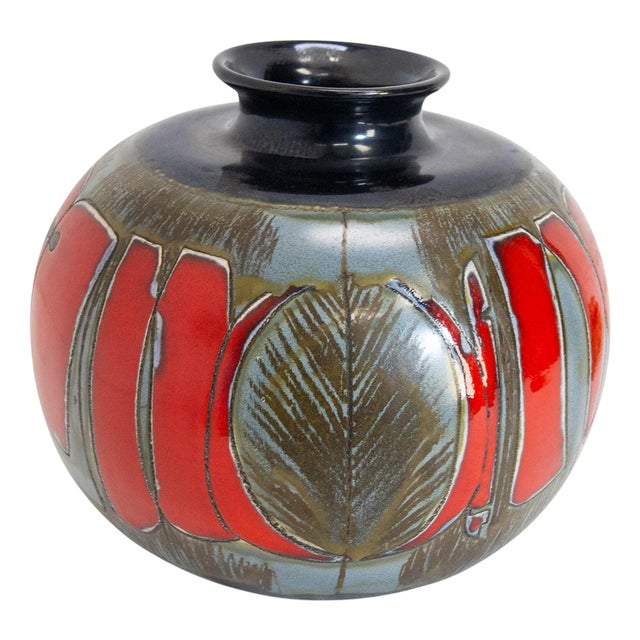 Mid-Century German Grey, Red & Dark Blue Ceramic Vase with Leaves Motif, 1960s For Sale