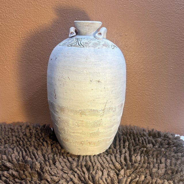 Ceramic Vintage 13" Incised White Terracotta Amphora Urn - Heavy Studio Pottery For Sale - Image 7 of 12