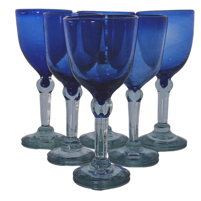 Late 20th Century Mexican Hand-Blown Cobalt Blue Wine Goblets With Aqua Stems 8" - Set of Six For Sale - Image 4 of 15