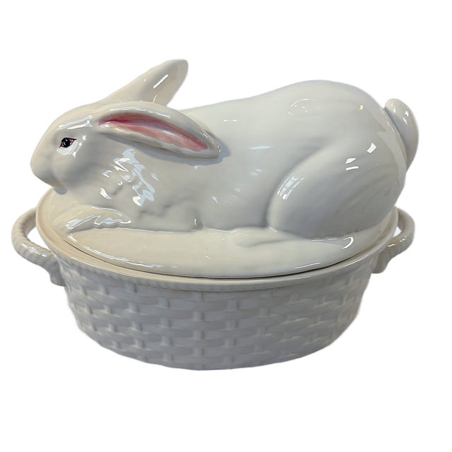 White Vintage "Bordallo Pinheiro" Majolica Rabbit Covered Tureen For Sale - Image 8 of 11