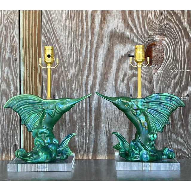 Mid 20th Century Vintage Coastal Royal Haeger Sailfish Lamps - a Pair For Sale - Image 5 of 8