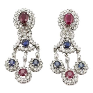 Estate 18 Carats Diamond Ruby Sapphire 14k White Gold Chandelier Earrings For Sale