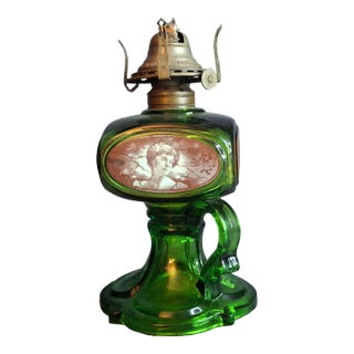 Antique Emerald Green Glass Kerosene Finger Lamp 4-Panel Portrait Pilgrim For Sale