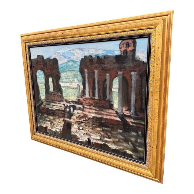 Classical Roman Jan Hoowij (1907–1987) Signed Mid-Century Oil on Panel Painting of Classical Roman Ruins in Gilt Frame For Sale - Image 3 of 9