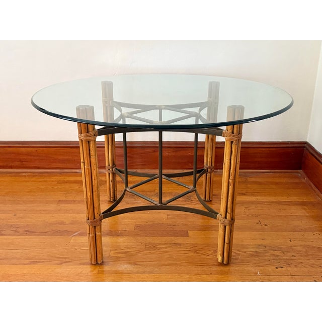 Tan Vintage Rattan and Bamboo Round Glass Top Dining Table in the Style of McGuire For Sale - Image 8 of 8