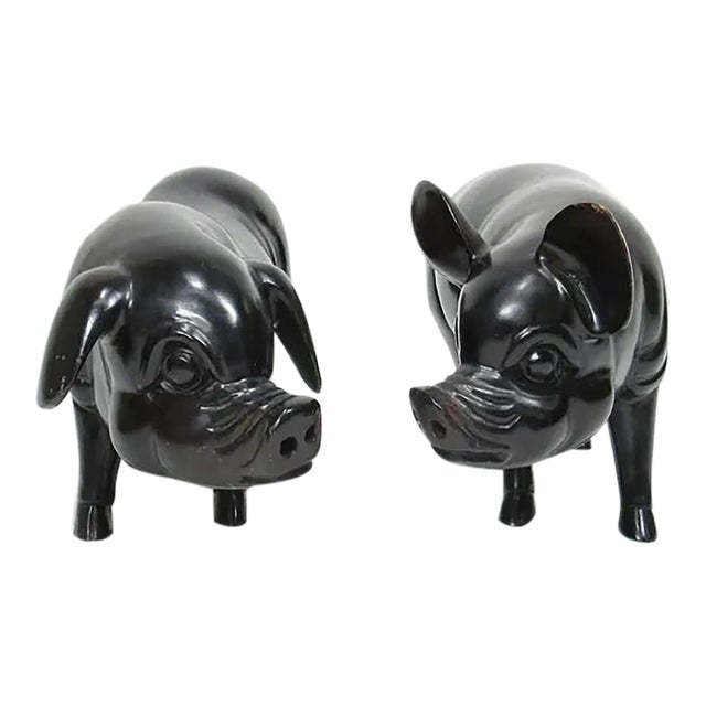 Vintage Japanese Carved Lacquered Wooden Pigs- A Pair For Sale