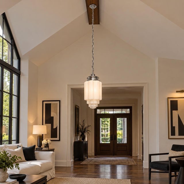 1920s Art Deco Skyscraper Milk Glass Pendant Light, Large Hardwired Ceiling Fixture New Wiring For Sale - Image 16 of 16