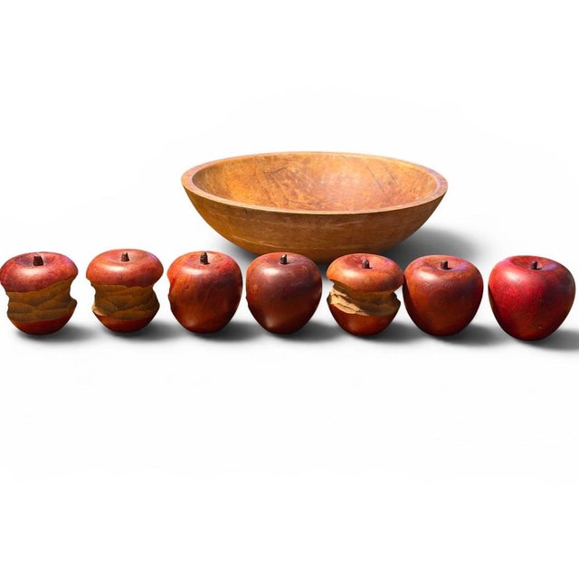 Late 20th Century Vintage Folk Art Hand-Carved "Bitten" Wooden Apples & Rustic Bowl Set (8 Pieces) For Sale - Image 5 of 7