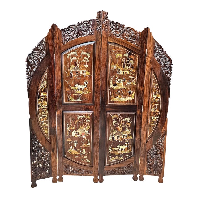 20th Century Carved Multi-Wood Marquetry Four-Panel Palatial Floor Screen For Sale
