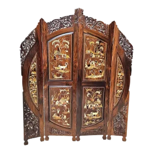 20th Century Carved Multi-Wood Marquetry Four-Panel Palatial Floor Screen