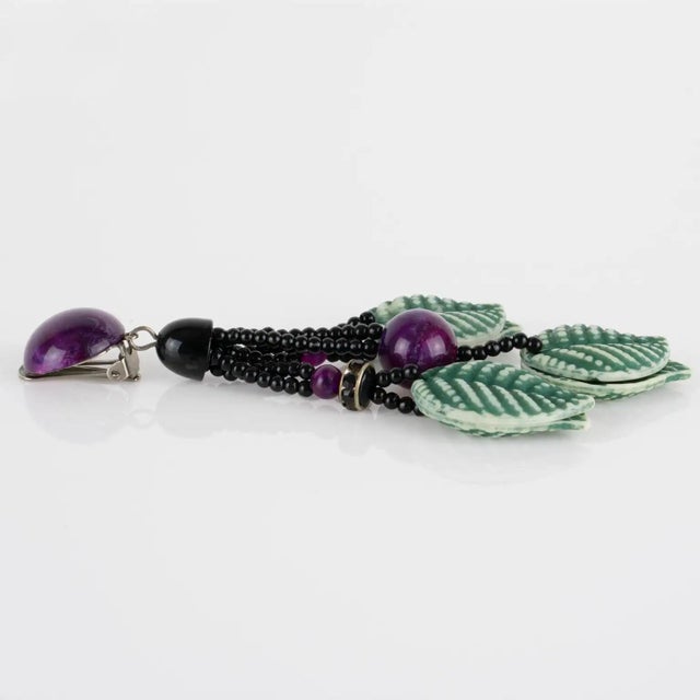 2000 - 2009 Angela Caputi Dangle Resin Clip Earrings Green and Purple Leaves Design For Sale - Image 5 of 8