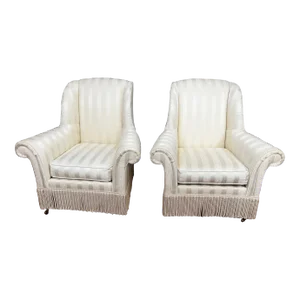 Lillian August Fringe Off-White Lounge Chairs - a Pair
