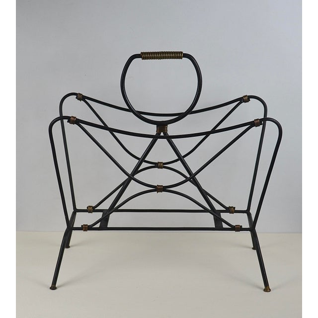Black French Modernist Black Metal Magazine Rack attributed to Jacques Adnet, 1950s For Sale - Image 8 of 14