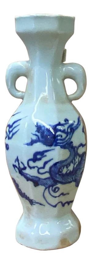 Chinese Blue White Porcelain Dragon Octagonal Round Shape Small Vase